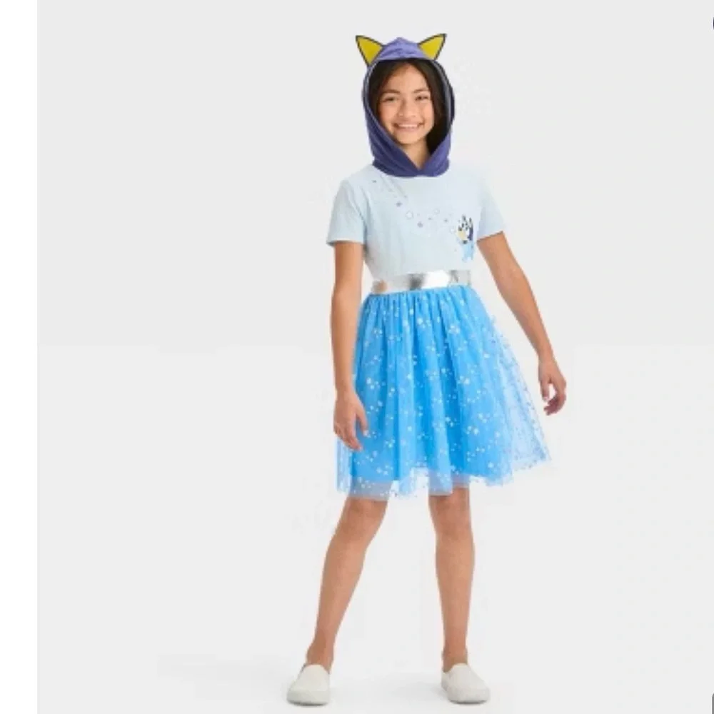 Bluey Hooded Tutu Dress Girls Size M Blue Glitter Star Character Dress NEW